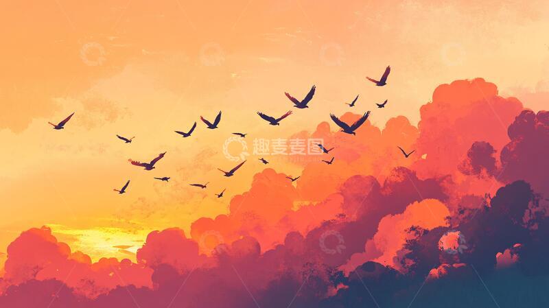 高清大图下载【趣麦麦图】插画飞鸟落日2