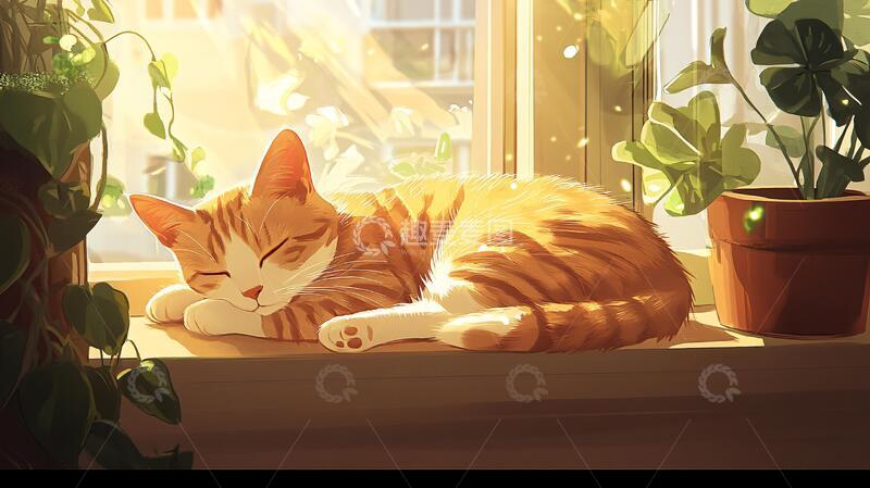 高清大图下载【趣麦麦图】晒太阳的猫插画3