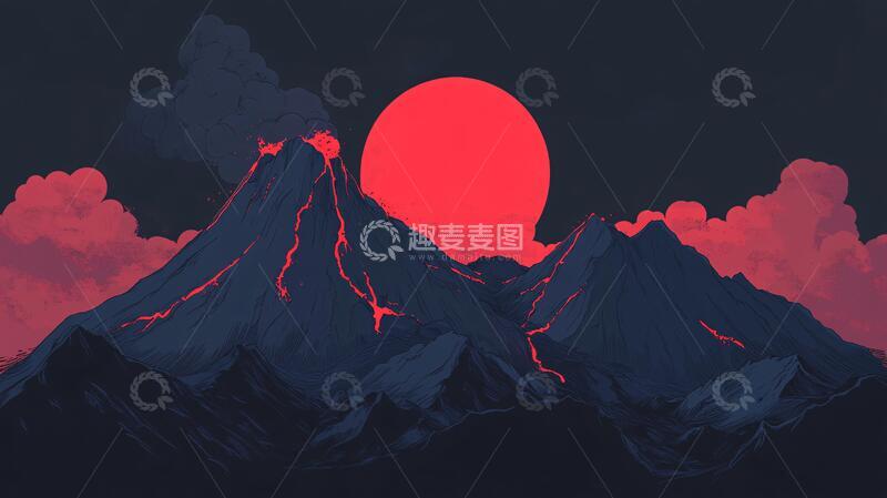 高清大图下载【趣麦麦图】艺术插画山插画红日艺术