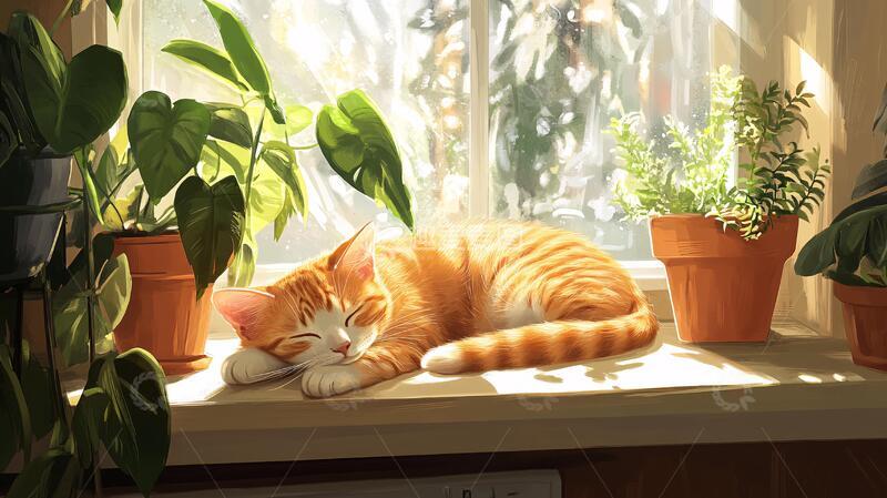 高清大图下载【趣麦麦图】晒太阳的猫插画