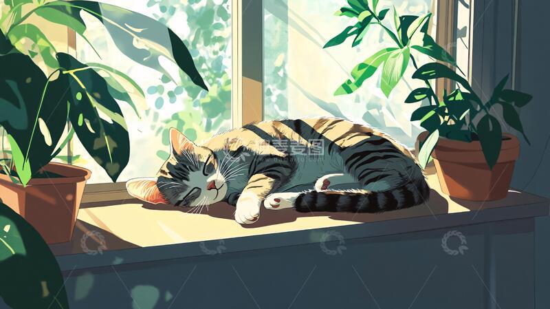 高清大图下载【趣麦麦图】晒太阳的猫插画1
