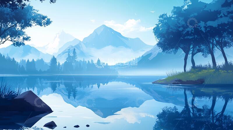 高清大图下载【趣麦麦图】插画山水湖插画壁纸扁平