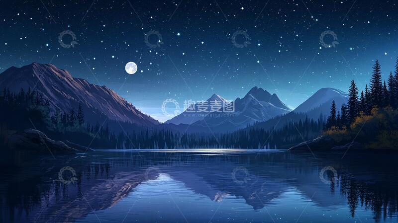 高清大图下载【趣麦麦图】插画夜景湖泊2