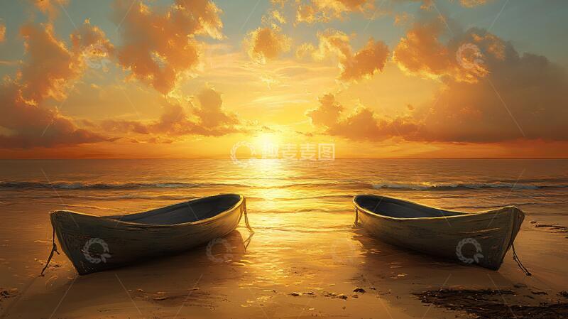 高清大图下载【趣麦麦图】夕阳下的木舟