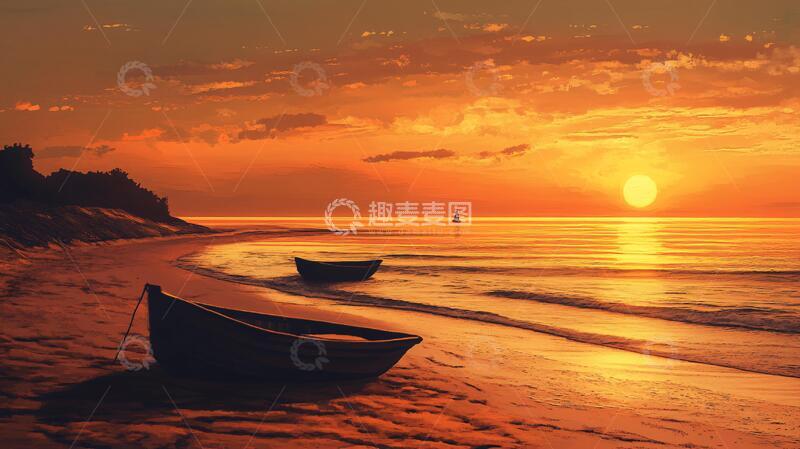 高清大图下载【趣麦麦图】夕阳大海小船