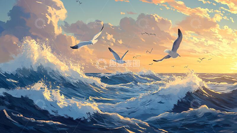 高清大图下载【趣麦麦图】插画海平面插画落日海面