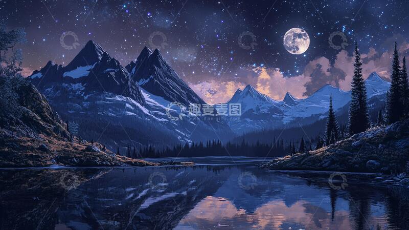 高清大图下载【趣麦麦图】意境图片星月山川挂图4