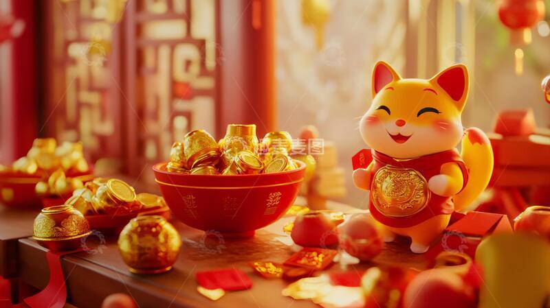 高清大图下载【趣麦麦图】黄金万两金元宝福猫