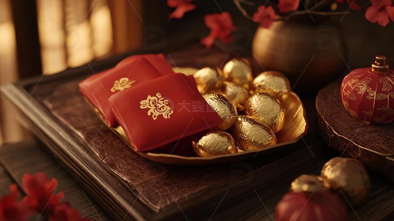 高清大图下载【趣麦麦图】春节福包红包红绸礼盒