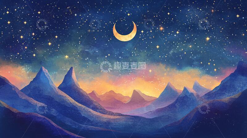高清大图下载【趣麦麦图】夜晚手绘插画背景