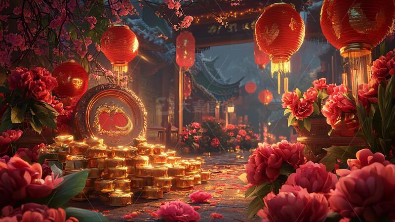 高清大图下载【趣麦麦图】古代迎春纳财场景