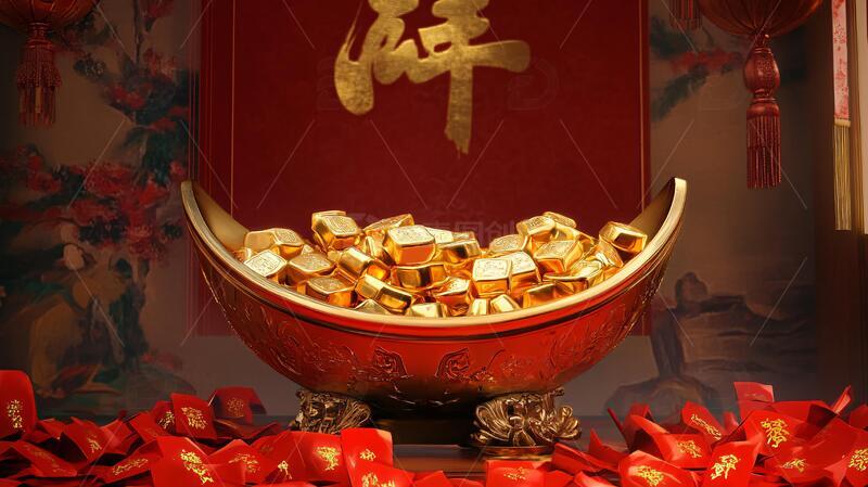 高清大图下载【趣麦麦图】高清聚宝盆金色素材黄金