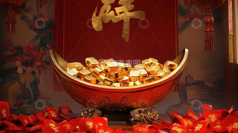 高清大图下载【趣麦麦图】高清聚宝盆金色素材黄金