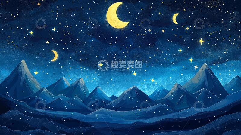 高清大图下载【趣麦麦图】夜晚山峰插画背景夜景
