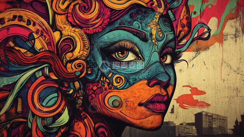 高清大图下载【趣麦麦图】复古风炫彩涂鸦背景墙
