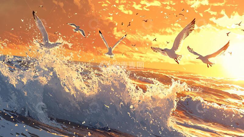 高清大图下载【趣麦麦图】海鸥海浪大海海洋
