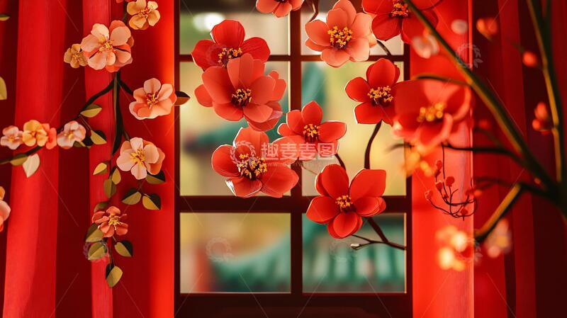 高清大图下载【趣麦麦图】开满鲜花的窗户插画