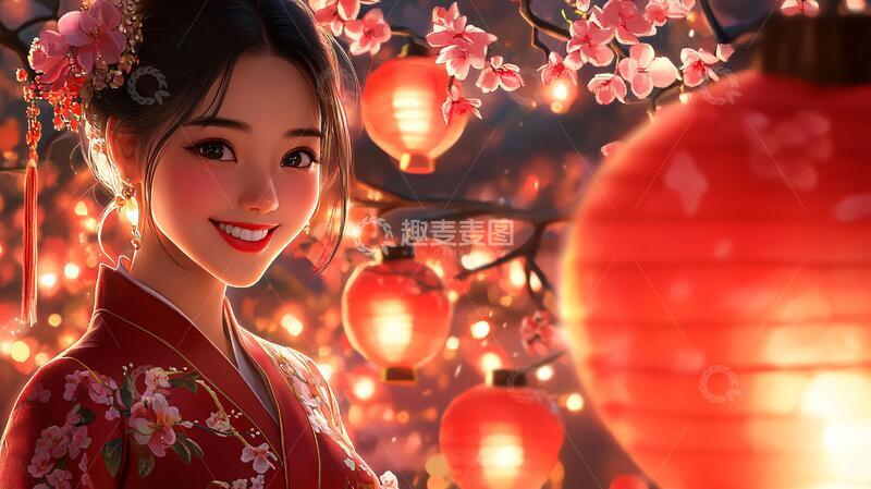 高清大图下载【趣麦麦图】桃花灯笼迎春