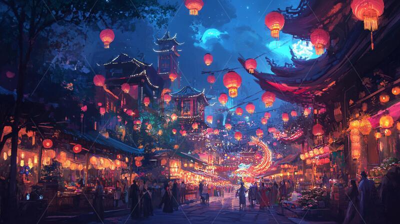 横店插画古风场景夜景