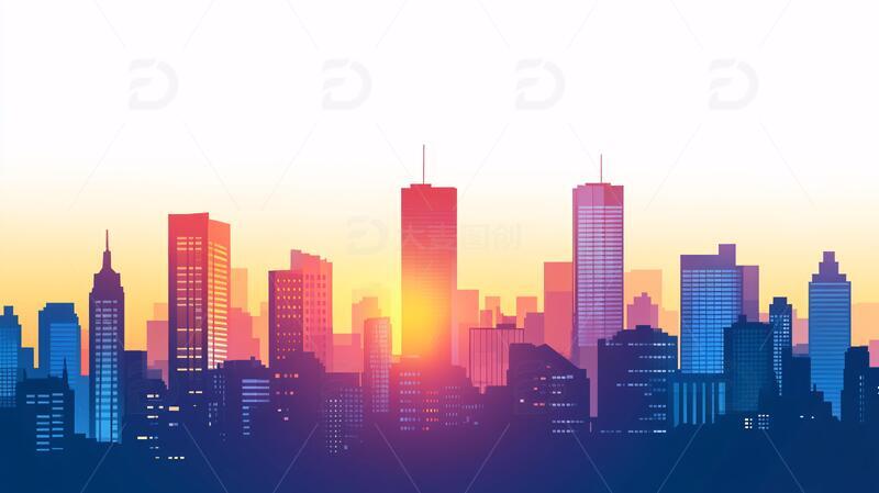 高清大图下载【趣麦麦图】黄昏城市剪影插画