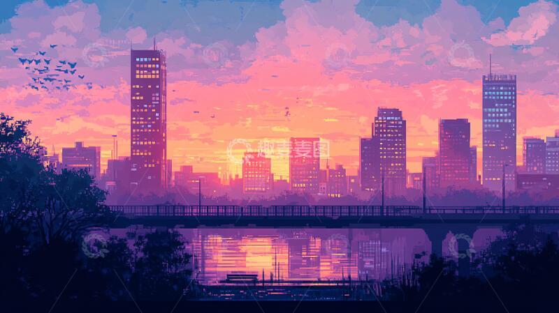 高清大图下载【趣麦麦图】-插画城市夕阳4
