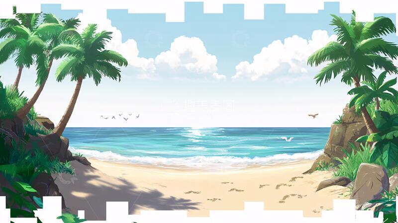 高清大图下载【趣麦麦图】海边风景插画1