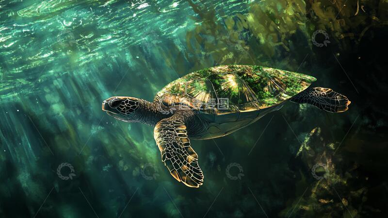 高清大图下载【趣麦麦图】海底的海龟海龟海底游泳