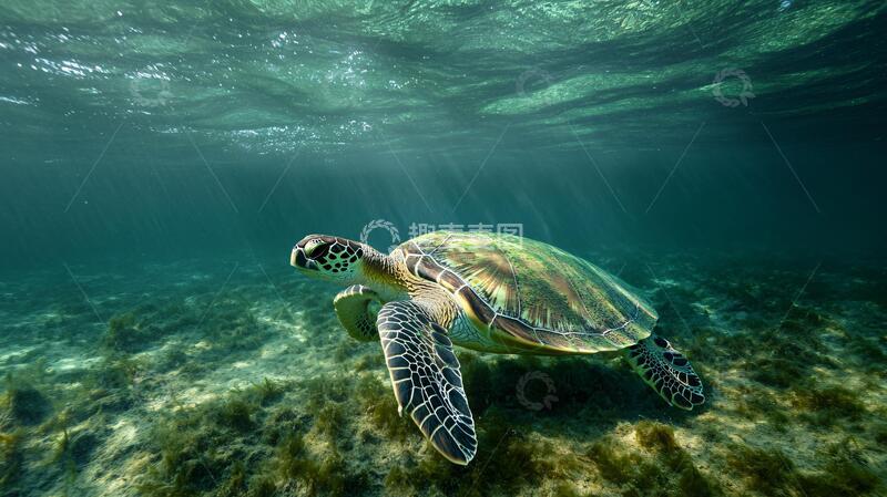 高清大图下载【趣麦麦图】碧绿小龟蔚蓝色大海
