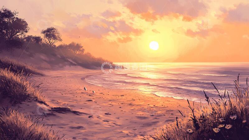 高清大图下载【趣麦麦图】海边落日插画3