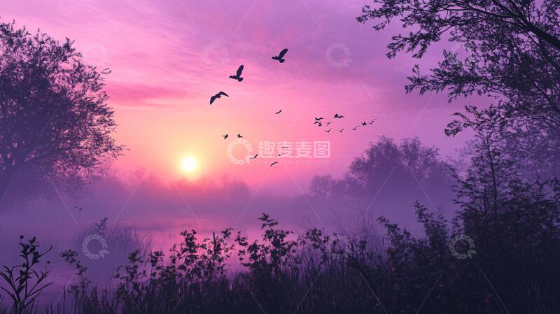 高清大图下载【趣麦麦图】江上晨曦飞鸟