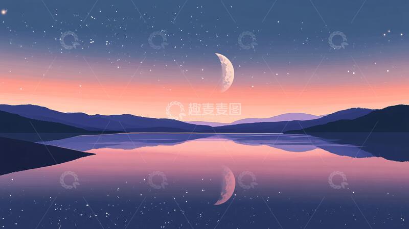 高清大图下载【趣麦麦图】插画夜景湖泊