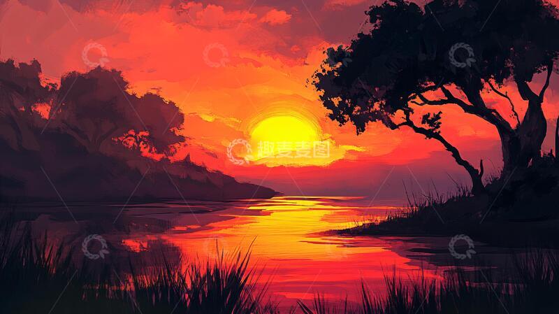 高清大图下载【趣麦麦图】黄昏场景插画1