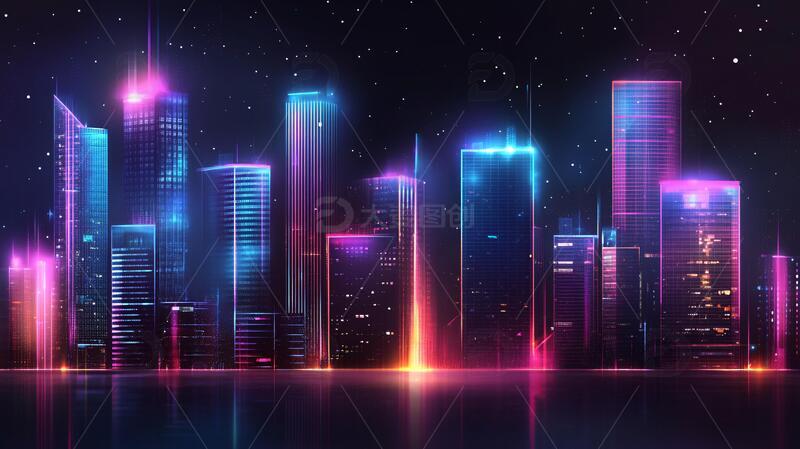 霓虹灯城市紫色插画建筑