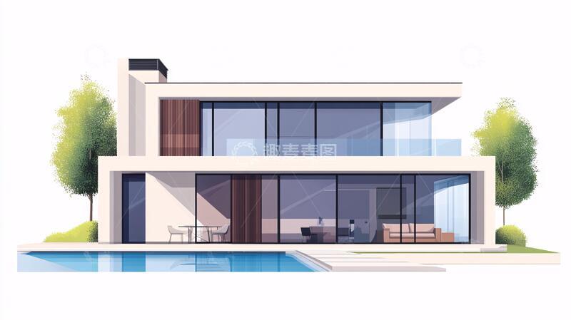 高清大图下载【趣麦麦图】侧立面插画别墅插画水景