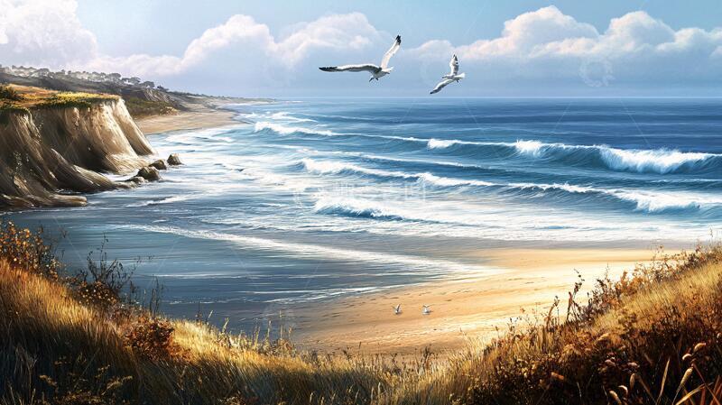 高清大图下载【趣麦麦图】唯美海岸风景插画4