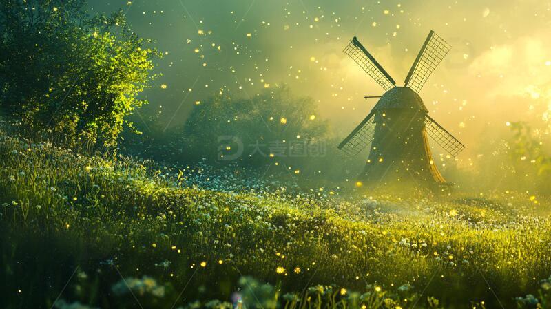 高清大图下载【趣麦麦图】唯美的风车梦幻场景风景