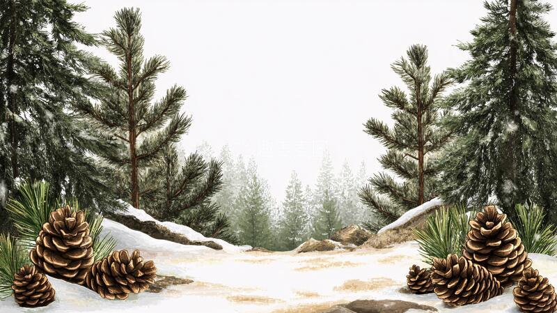 高清大图下载【趣麦麦图】雪松雪景雪山插画