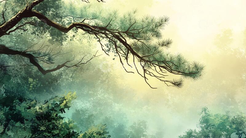 高清大图下载【趣麦麦图】松林水墨画晚霞插画意境