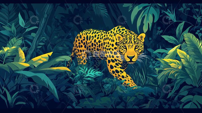 高清大图下载【趣麦麦图】金钱豹插画插画花豹丛林