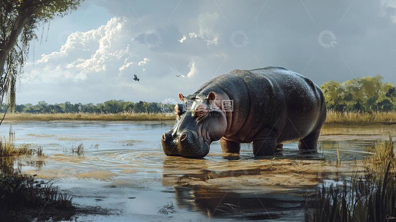 高清大图下载【趣麦麦图】河马湖中悠然自得