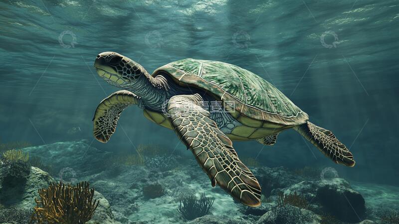 高清大图下载【趣麦麦图】海龟悠游珊瑚礁