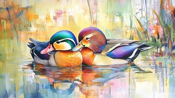 鸳鸯油画插画油画佳偶