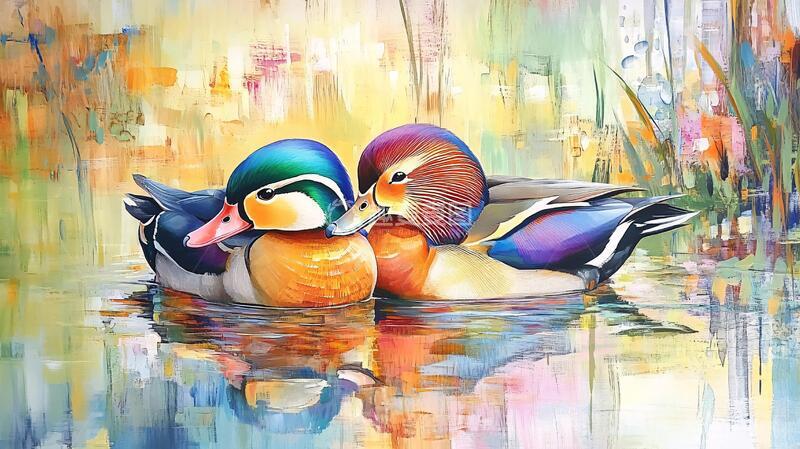 高清大图下载【趣麦麦图】鸳鸯油画插画油画佳偶