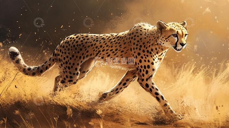 高清大图下载【趣麦麦图】奔跑的猎豹猎豹插画手绘