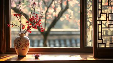 窗前梅花桃花春色腊梅