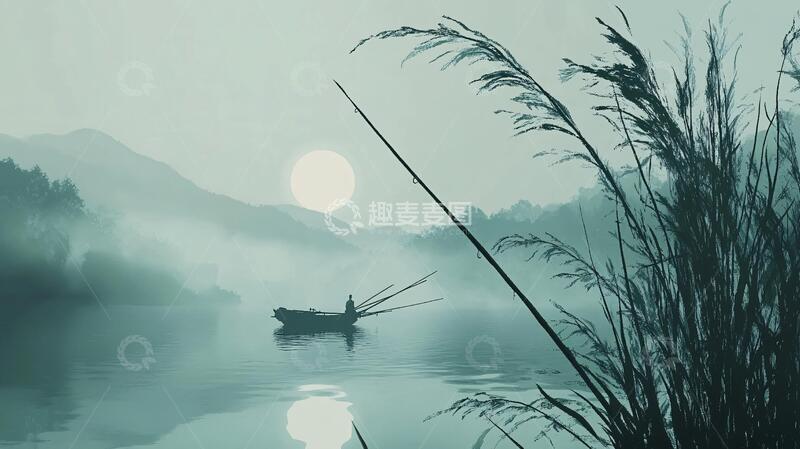 高清大图下载【趣麦麦图】禅意芦苇山水画1