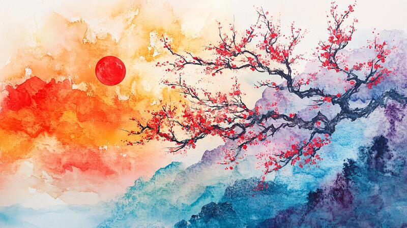 高清大图下载【趣麦麦图】红日水墨山水152