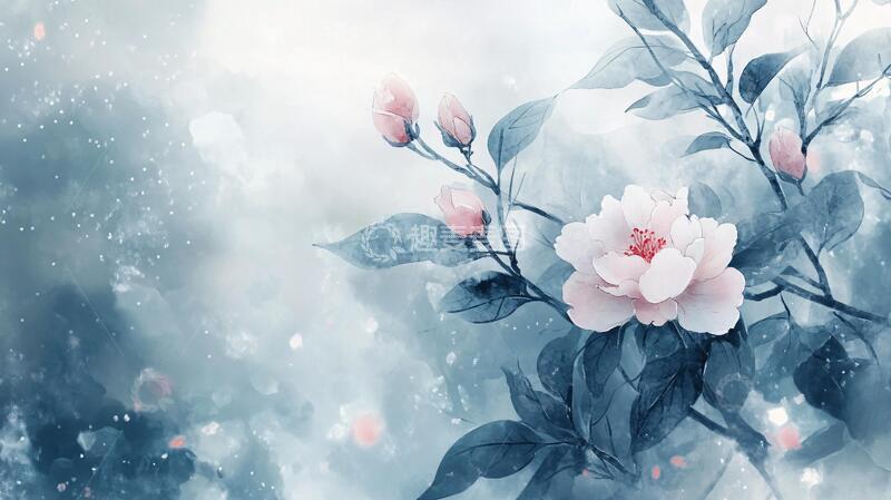 高清大图下载【趣麦麦图】-古风山茶花梦幻花朵插画