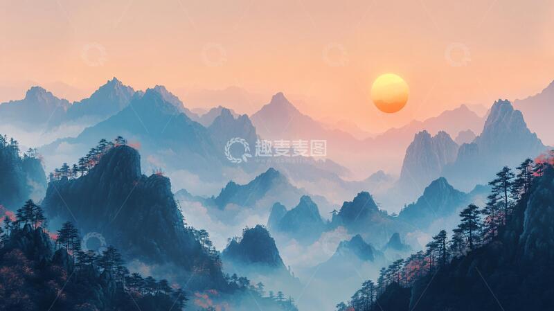 高清大图下载【趣麦麦图】红日水墨山水146