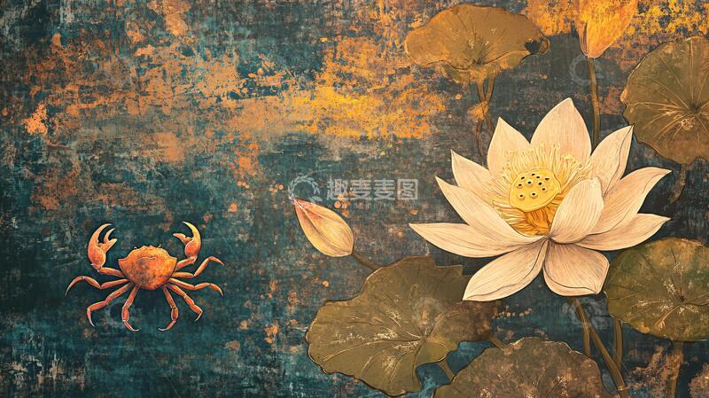 高清大图下载【趣麦麦图】荷花螃蟹插画